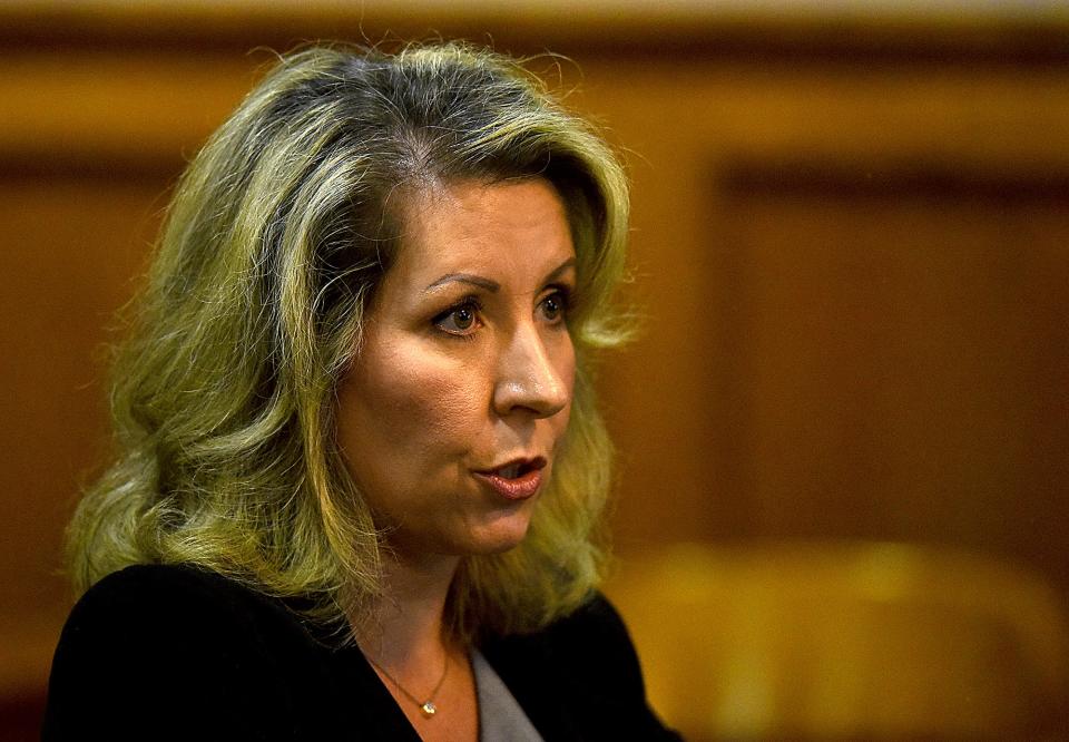 Attorney Helen Wade talks to Boone County Associate Circuit Judge Leslie Schneider on Friday while representing Sheena Greitens in a child custody case. Sheena Greitens and Eric Greitens are disputing whether jurisdiction over child custody matters from their divorce should be moved to Texas, where Sheena Greitens lives, or remain in Boone County, where the case was originally filed.