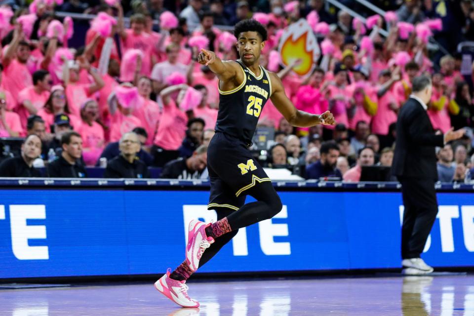 Michigan guard Jace Howard (25) celebrates a basket against Purdue during the second half at Crisler Center in Ann Arbor on Thursday, Jan. 26, 2023.
