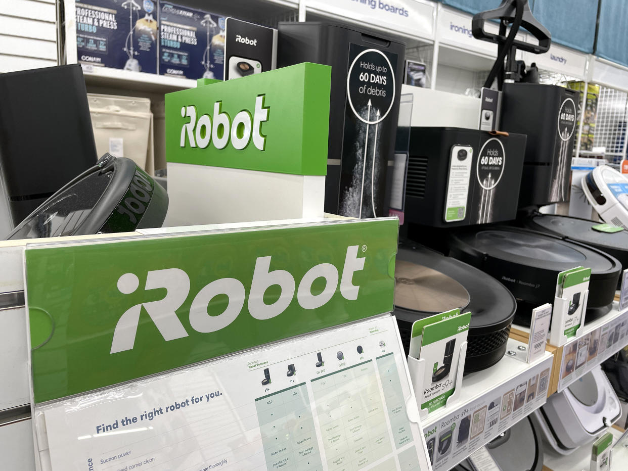 LARKSPUR, CALIFORNIA - AUGUST 05: Roomba robot vacuums made by iRobot are displayed on a shelf at a Bed Bath and Beyond store on August 05, 2022 in Larkspur, California. Amazon announced plans to purchase iRobot, maker of the popular robotic vacuum Roomba, for an estimated $1.7 billion. (Photo by Justin Sullivan/Getty Images)