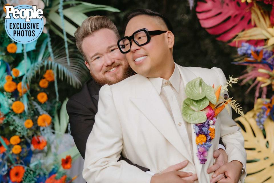 <p>Logan Cole Photography</p> Zeke Smith (left) and Nico Santos celebrate their wedding.