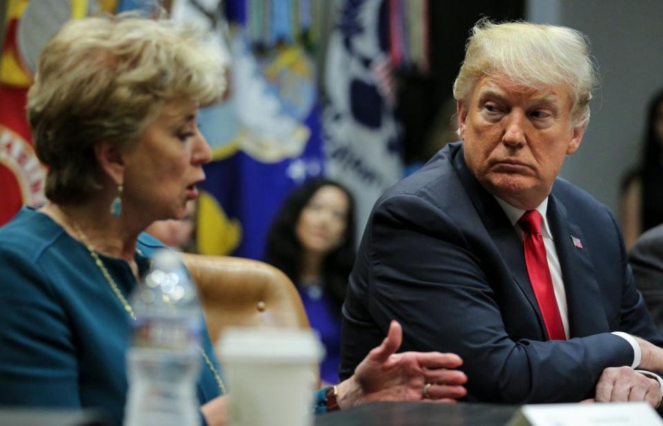 Donald Trump and Small Business Administration director Linda McMahon at a White House meeting in 2018. She’s overtly opposed to many of the policies and progress made by America’s labor movement (Getty Images)