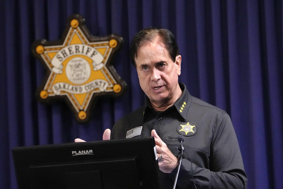 Oakland County Sheriff Michael Bouchard, addresses the media at the sheriff's office, Monday, June 17, 2024, in Pontiac, Mich. Two of the nine people wounded in a weekend shooting at a suburban Detroit splash pad remain hospitalized in critical condition, including an eight-year-old boy who has "made amazing progress" after he was shot in the head, authorities said Monday. (AP Photo/Carlos Osorio)