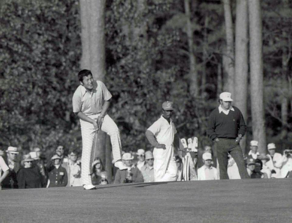 Masashi Ozaki reacts to a putt at the 1973 Masters Tournament at the Augusta National Golf Club.