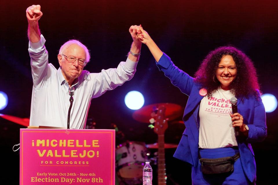 Rallying in Texas during a multi-state tour backing Democratic candidates before midterm Election Day, Bernie Sanders backed congressional candidate Michelle Vallejo at a rally in McAllen on 30 October. (AP)