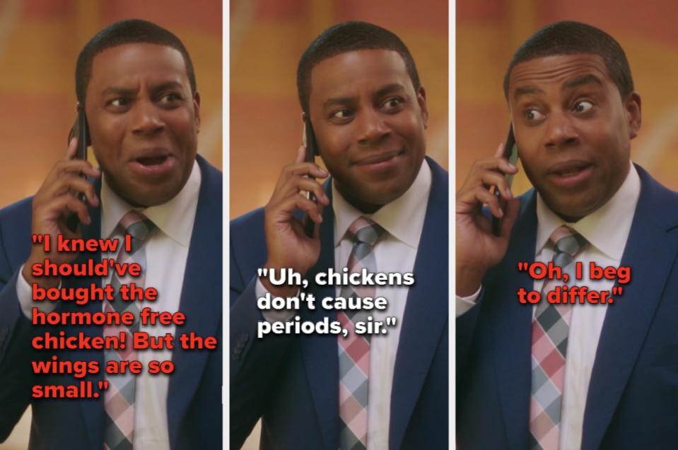 Kenan argues with Aubrey's principal that chicken can cause periods if it's not hormone free meat