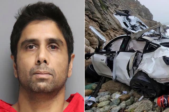 <p>Uncredited/AP/Shutterstock; Sgt. Brian Moore/San Mateo County Sheriff's Office via AP</p> Dharmesh Patel, Tesla Crash