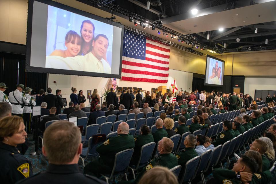 Family, friends and co-workers pay their respects during the Visitation and Celebration of Life for Okaloosa Deputy Ray Hamilton at Destin-Fort Walton Beach Convention Center Saturday, December 31, 2022. Deputy Hamilton was killed in the line of duty December 24, 2022.