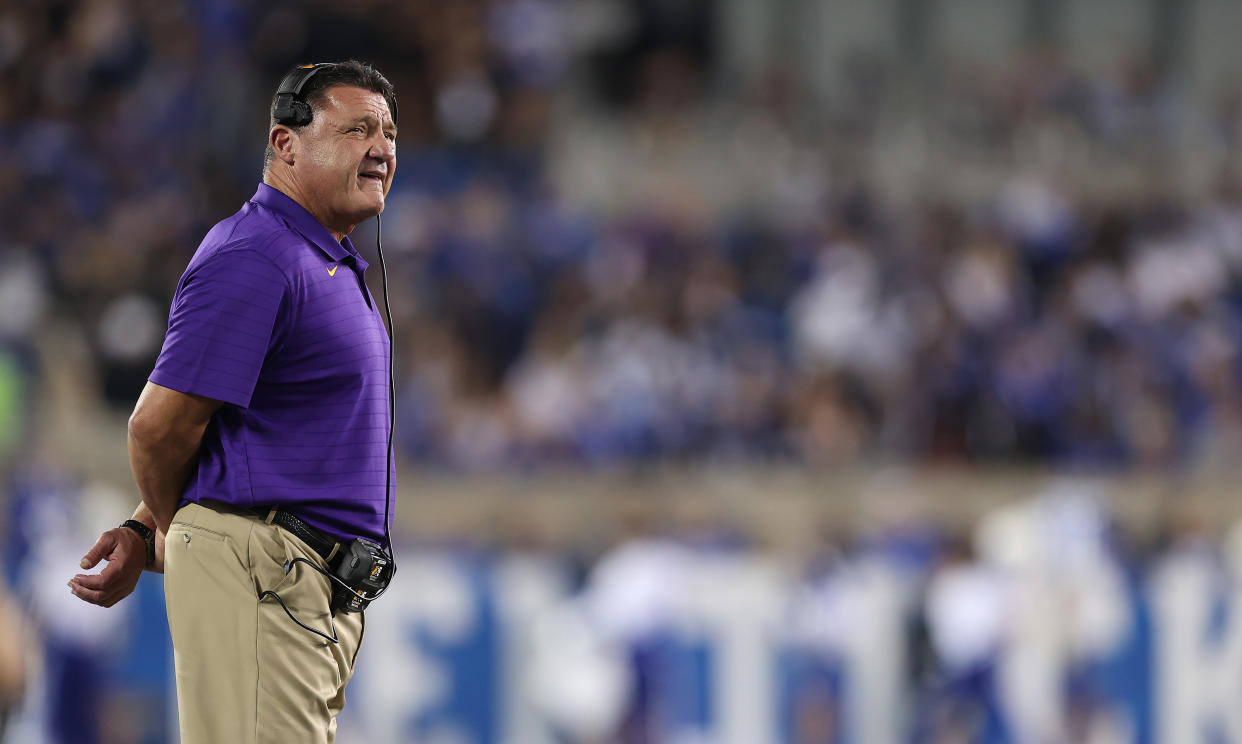 LEXINGTON, KENTUCKY - OCTOBER 09: Ed Orgeron the head coach of the LSU Tigers against the Kentucky Wildcats at Kroger Field on October 09, 2021 in Lexington, Kentucky. (Photo by Andy Lyons/Getty Images)