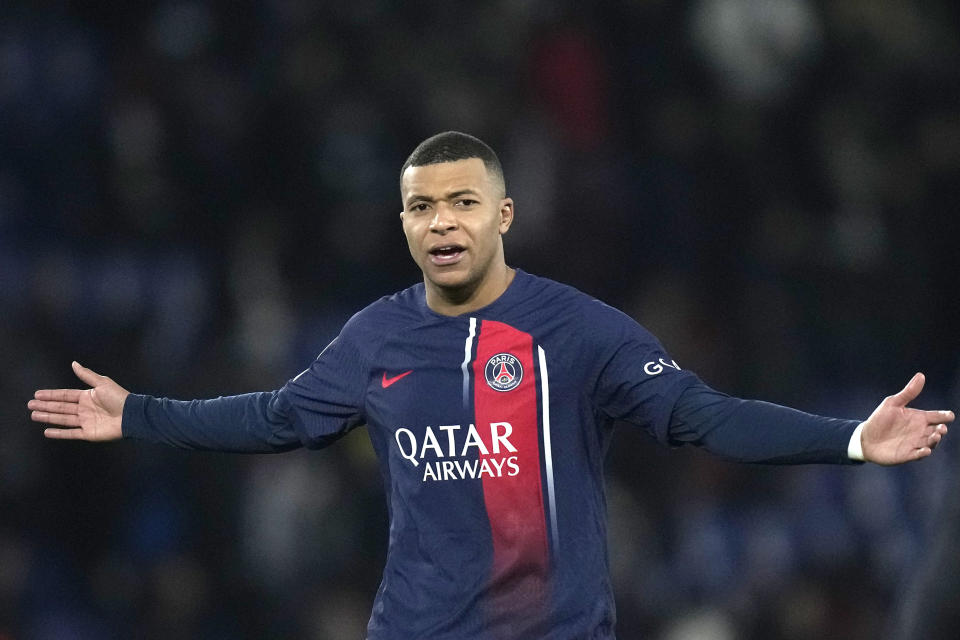 PSG's Kylian Mbappe reacts after the Champions League group F soccer match between Paris Saint-Germain and Newcastle United FC at the Parc des Princes in Paris, Tuesday, Nov. 28, 2023. (AP Photo/Thibault Camus)