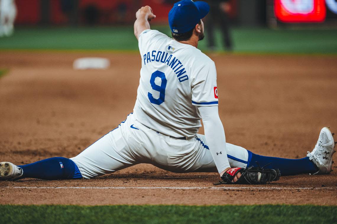 Kansas City Royals first baseman Vinnie Pasquantino stretches for the ball during a game against the Baltimore Orioles at Kauffman Stadium on Tuesday, April 23, 2024. Contributed photo/Jason Hanna/Kansas City Royals