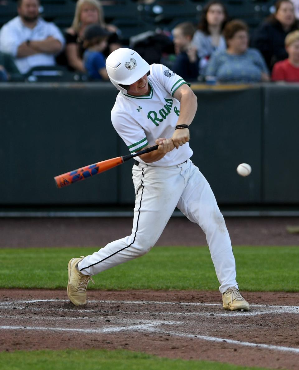 Parkside's Casey Parsons (8) hits a single against Colonel Richardson Wednesday, May 10, 2023, at Perdue Stadium in Salisbury, Maryland. Parkside defeated Colonel Richardson 6-5 to win the Bayside Championship.