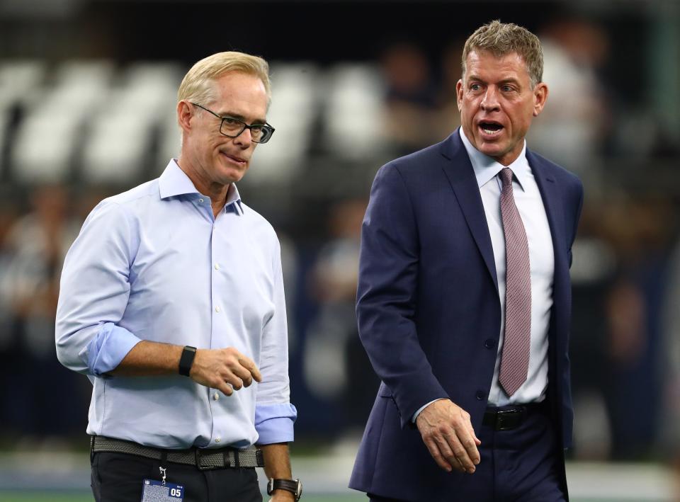 Announcers Joe Buck and Troy Aikman on the field prior to the game with the Dallas Cowboys playing against the Green Bay Packers at AT&T Stadium in 2019.