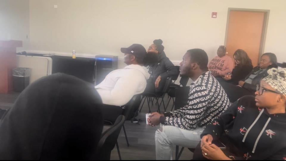 Members of Clinton College watch the Golden Bears compete against Bethel University in the NCCAA Division I Men’s Basketball Championship Final.