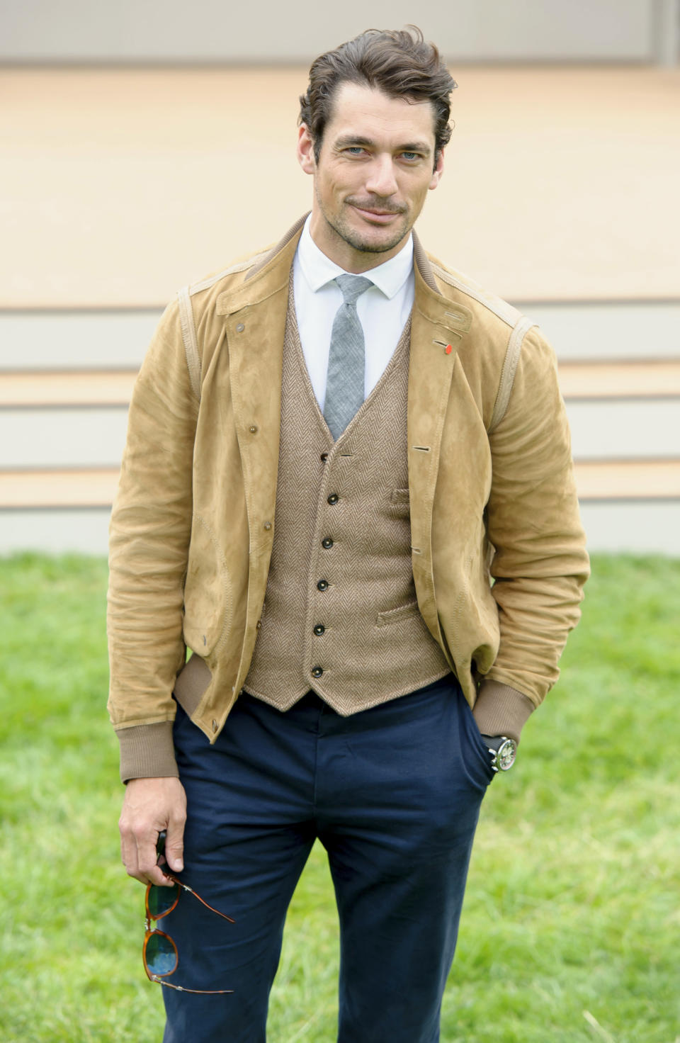 British model, David Gandy arrives for Burberry Prorsum show, during London Men's spring summer fashion collections 2014, in London, Tuesday, June 18, 2013. (Photo by Jonathan Short/Invision/AP)