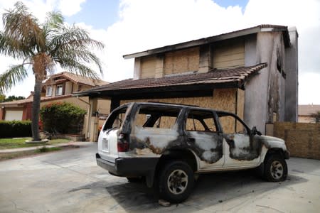 A suburban home that was the site of a hash oil extraction laboratory explosion is seen in the Mira Mesa area of San Diego