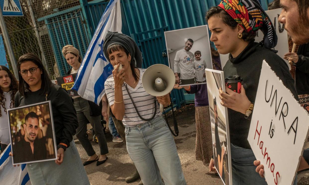 <span>Israeli activists stage a protest at the Unwra office in Jerusalem on Wednesday.</span><span>Photograph: Alessio Mamo/The Guardian</span>