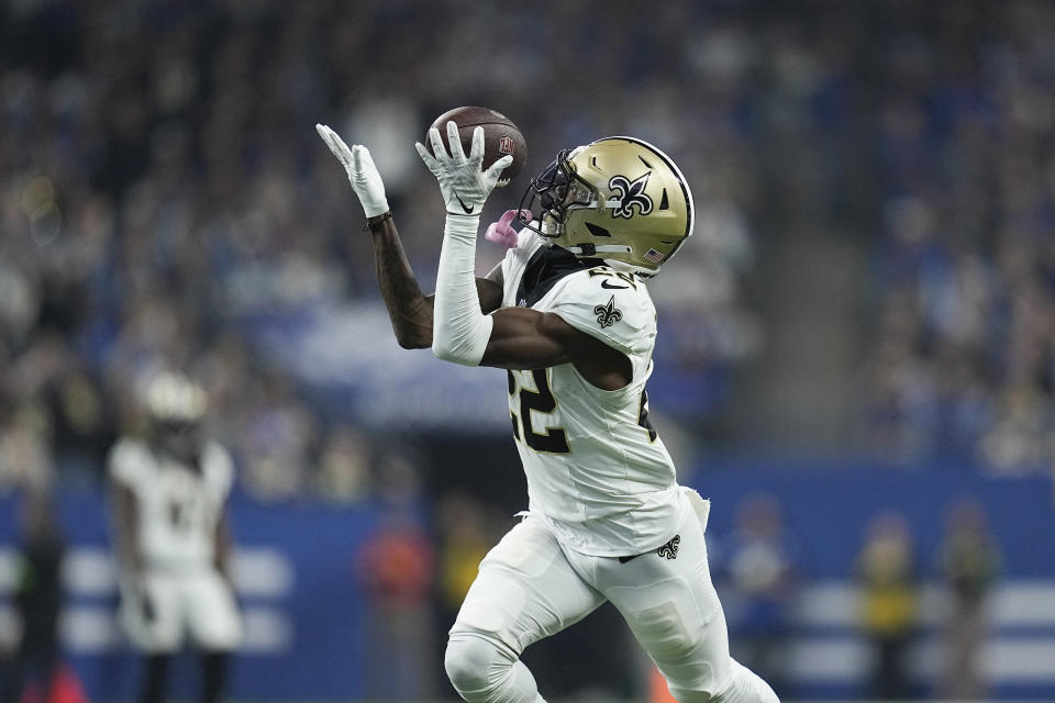 New Orleans Saints wide receiver Rashid Shaheed (22) catches a 58-yard touchdown pass against the Indianapolis Colts during the first half of an NFL football game Sunday, Oct. 29, 2023 in Indianapolis. (AP Photo/Darron Cummings)