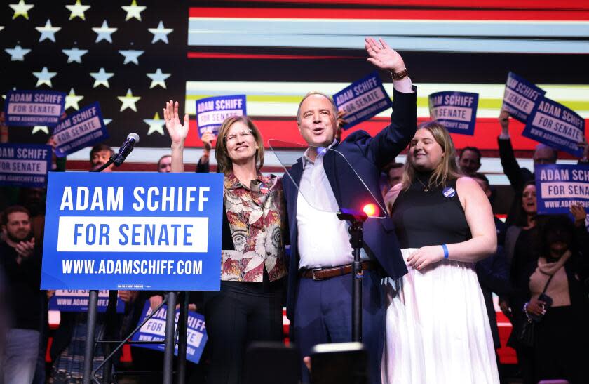 Los Angeles, California March 6, 2024-Adam Schiff celebrates with his wife during an election party at the Avalon in Los Angeles Tuesday night as he seeks to replace Sen. Diane Feinstein in the Senate. (Wally Skalij/Los Angeles Times)