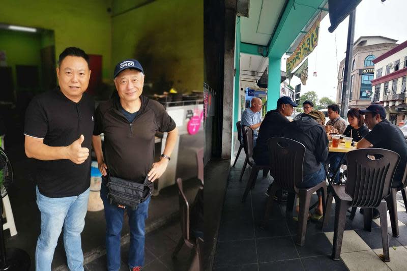 李安（左圖右）一身輕便現在馬來西亞吃肉骨茶，被驚喜的老闆認出合照。（翻攝自一品肉骨茶臉書）