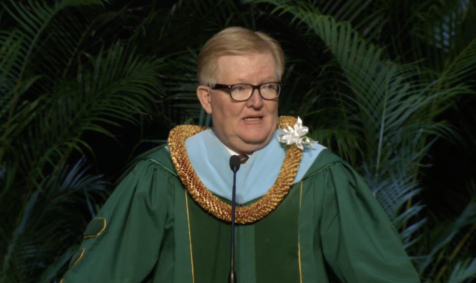 Kelly Haws, secretary to the church Board of Education speaks at BYU-Hawaii’s fall commencement in December 2023.