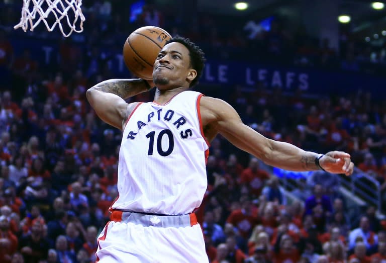 DeMar DeRozan of the Toronto Raptors dunks the ball in the first half of Game Five of the Eastern Conference quarter-finals against the Milwaukee Bucks, during the 2017 NBA Playoffs, in Toronto, on April 24