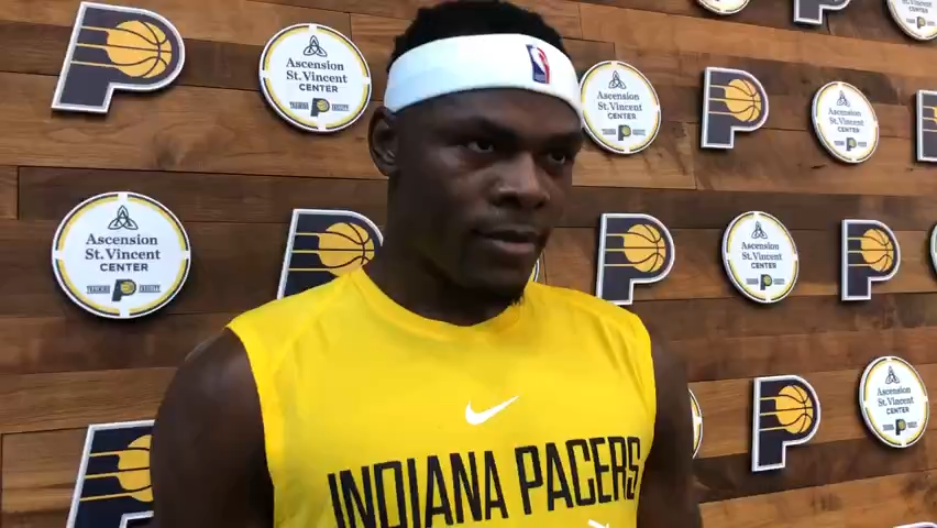 Oscar Tshiebwe speaks to the media after a Pacers draft workout.