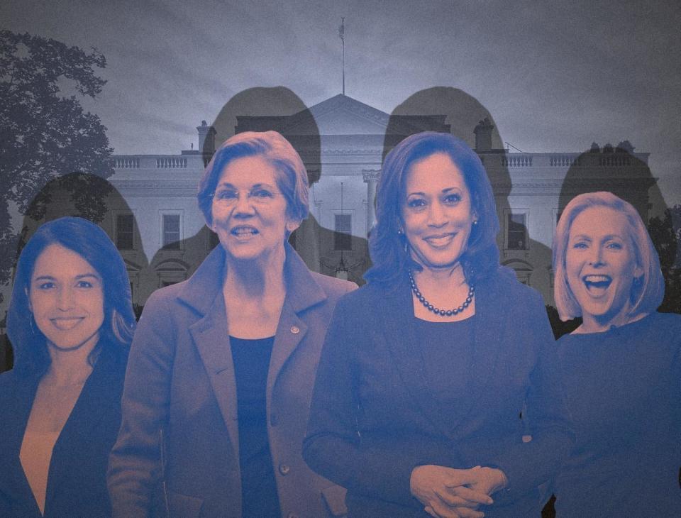 Rep. Tulsi Gabbard (D-Hawaii), as well as Sens. Elizabeth Warren (D-Mass.), Kamala Harris (D-Calif.) and Kirsten Gillibrand (D-N.Y.), are running for president in 2020.&nbsp; (Photo: ILLUSTRATION: DAMON DAHLEN/HUFFPOST; PHOTOS: GETTY)