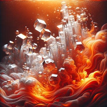 An artist's illustration shows transparent crystals emerging from a fiery substrate.