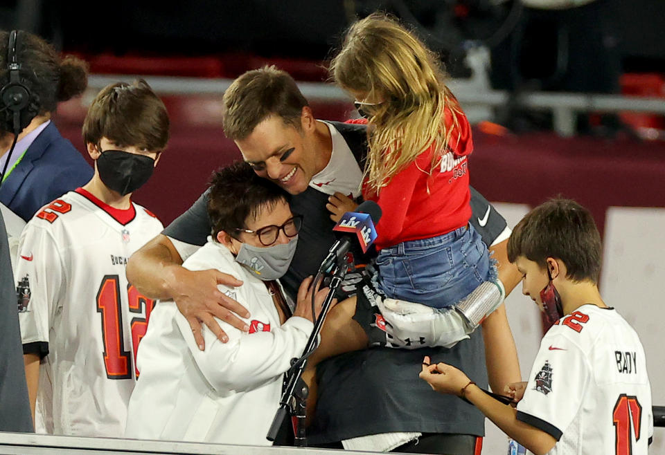 Tom Brady celebrates with his family after defeating the Kansas City Chiefs in Super Bowl LV at Raymond James Stadium on February 07, 2021 in Tampa, Florida. (Photo by Kevin C. Cox/Getty Images)