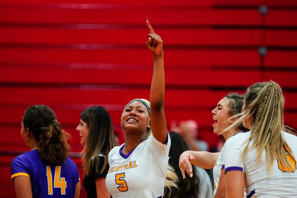 Fort Pierce Central’s Luyeisy Marquez-Moreno (5) celebrates a point against South Fork in a high school volleyball match on Wednesday, Aug. 24, 2022 at South Fork High School in Martin County. Fort Pierce Central won in 5 sets.