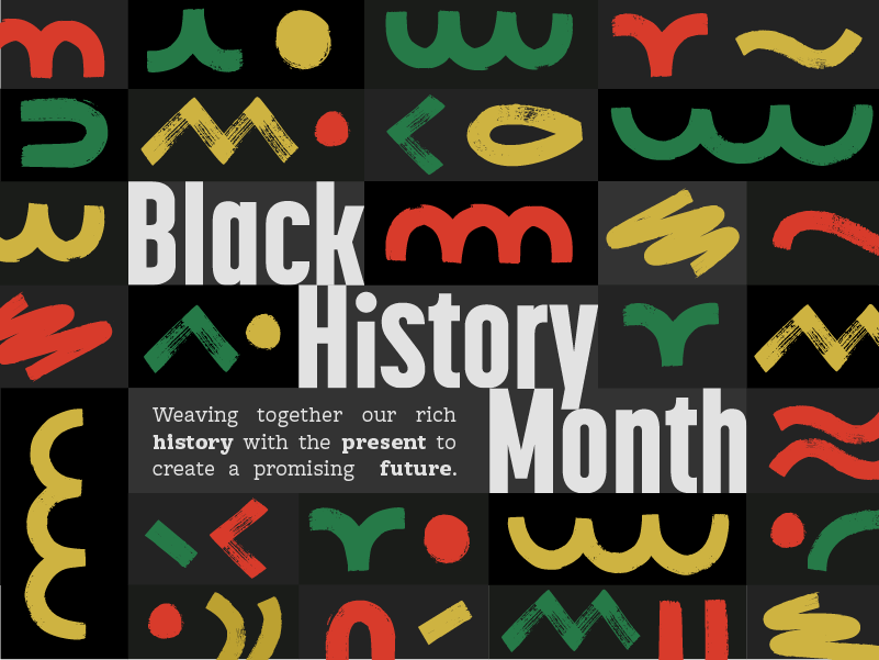 The image shows a graphic with text "Black History Month" in a stylized font, surrounded by abstract shapes