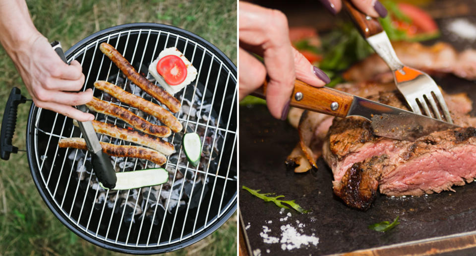 A man barbecues sausages and a woman cuts through steak with a knife and fork.