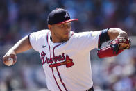 Atlanta Braves relief pitcher Joe Jimenez works the seventh inning of a baseball game against the Arizona Diamondbacks Sunday, April 7, 2024, in Atlanta. (AP Photo/John Bazemore)