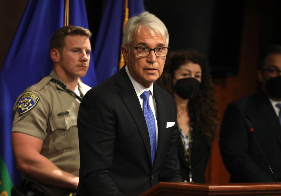 District Attorney George Gascón speaks at a news conference in Los Angeles.