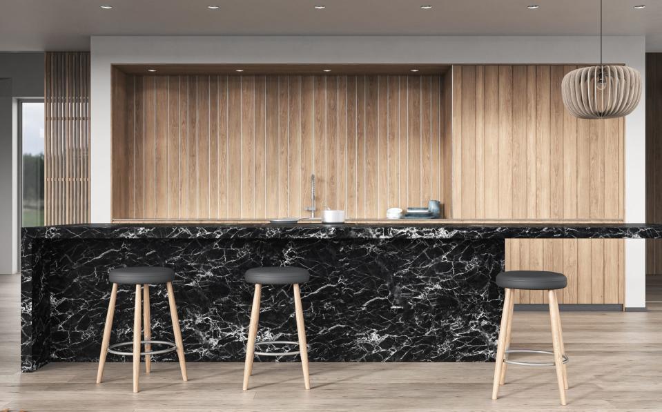 modern white kitchen with rectangular granite breakfast kitchen island