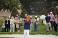 Bill Murray tosses his club after hitting out of a bunker by the second green of the Pebble Beach Golf Links during the third round of the AT&T Pebble Beach Pro-Am golf tournament in Pebble Beach, Calif., Saturday, Feb. 4, 2023. (AP Photo/Eric Risberg)