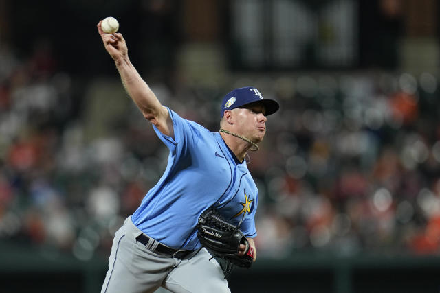 Tampa Bay Rays starting pitcher Chase Anderson throws a pitch to the Baltimore Orioles during the seventh inning of a baseball game, Tuesday, May 9, 2023, in Baltimore. The Orioles won 4-2. (AP Photo/Julio Cortez)