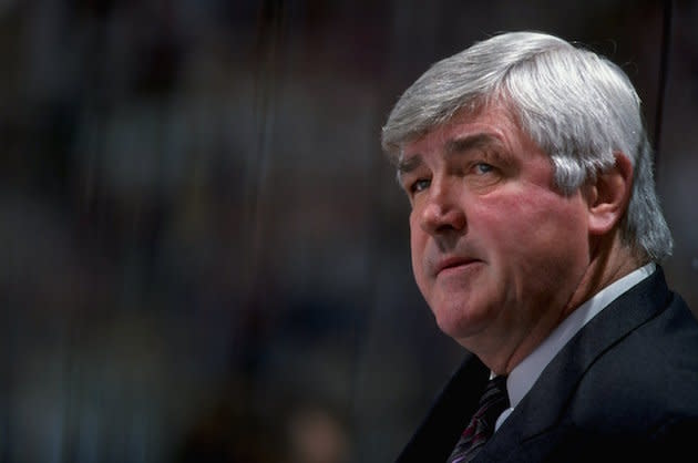 6 Feb 1999: Head coach Pat Quinn of the Toronto Maple Leafs watches from the players box during the game against the New Jersey Devils at the Continental Airlines Arena in East Rutherford, New Jersey. The Maple Leafs defeated the Devils 3-2. Mandatory Credit: Al Bello /Allsport