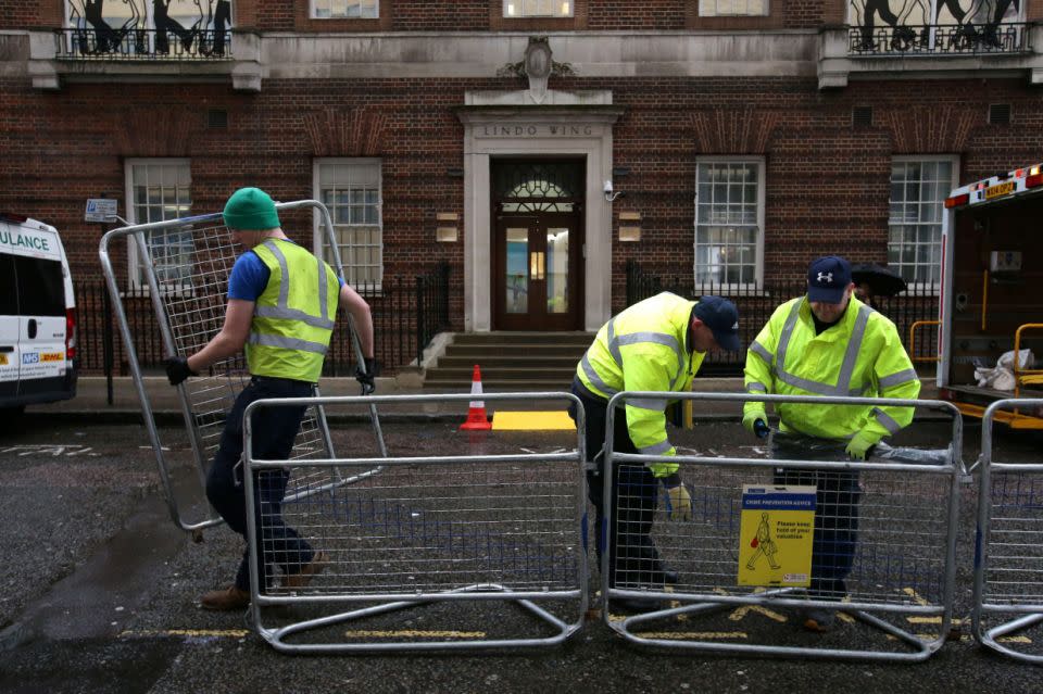 Barricades are being set up outside the Lindo Wing where Kate will give birth. Photo: Getty