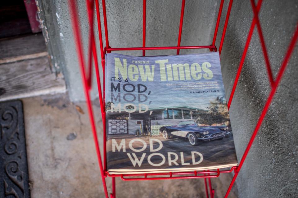 A 2020 edition of the Phoenix New Times sits in a newsstand in Phoenix on April 17, 2020.