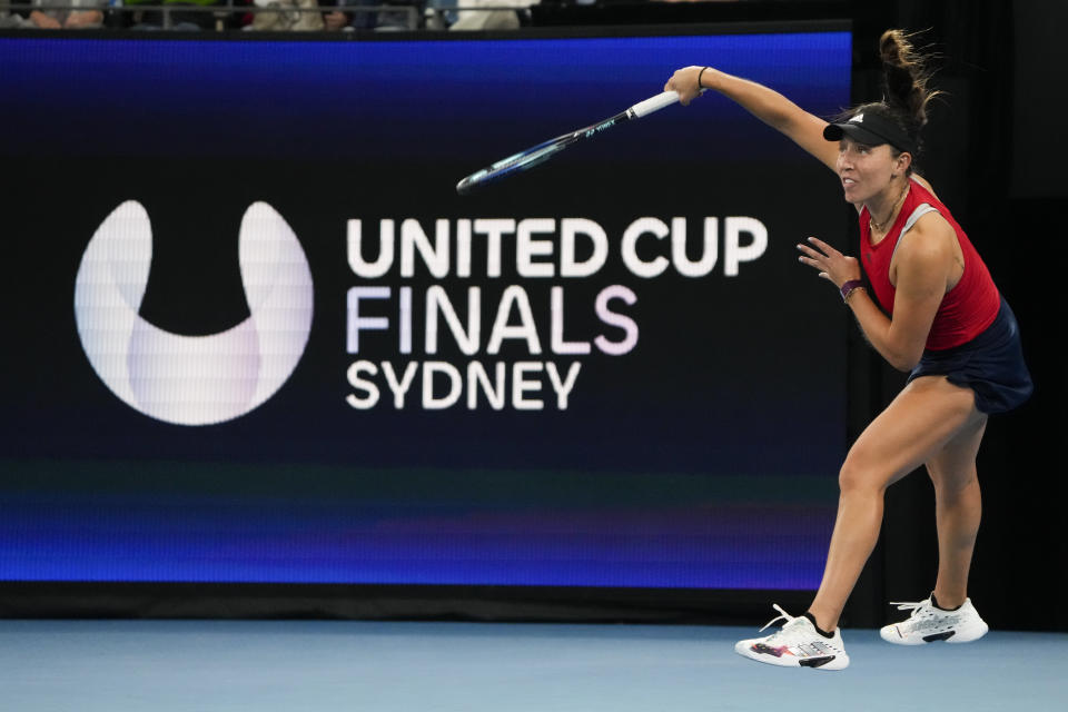 United States' Jessica Pegula serves to Poland's Iga Swiatek during their semifinal match at the United Cup tennis event in Sydney, Australia, Friday, Jan. 6, 2023. (AP Photo/Mark Baker)