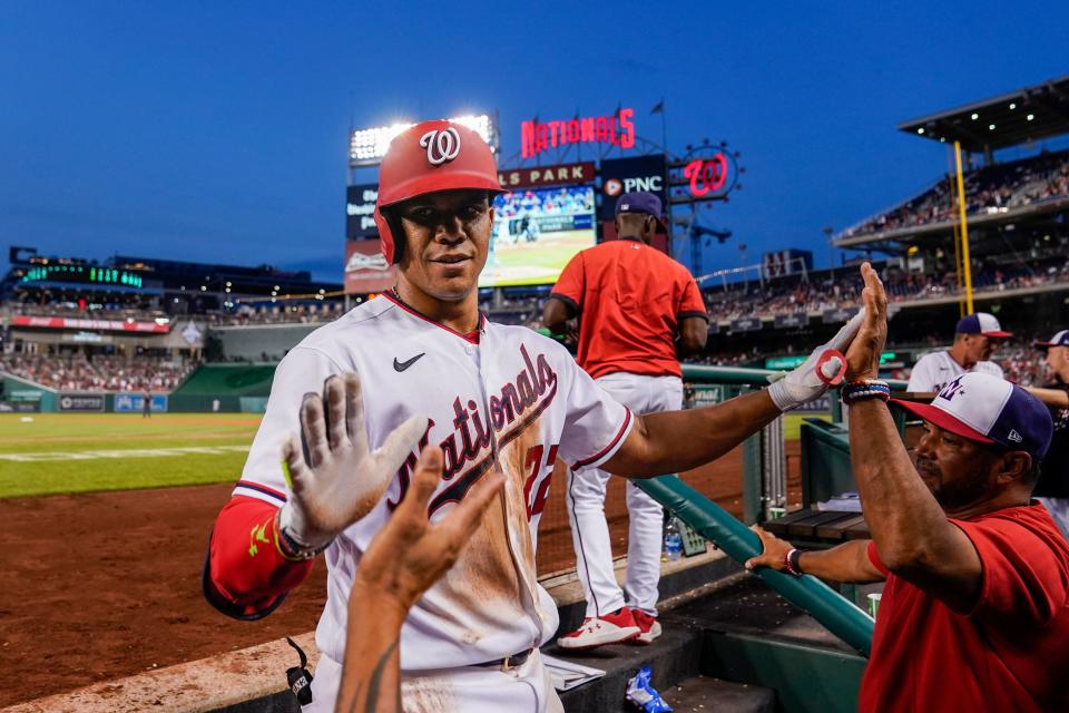 Washington Nationals outfielder Juan Soto celebrates after his home run against the New York Mets on Monday.
