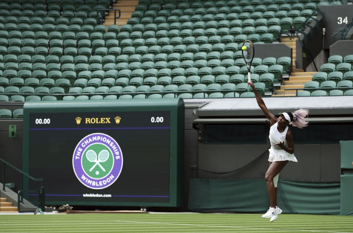 Venus Williams from the US practices at the All England Lawn Tennis and Croquet Club in Wimbledon, England, ahead of the championships which start on Monday, on Thursday June 29, 2023. (Steven Paston/PA via AP)