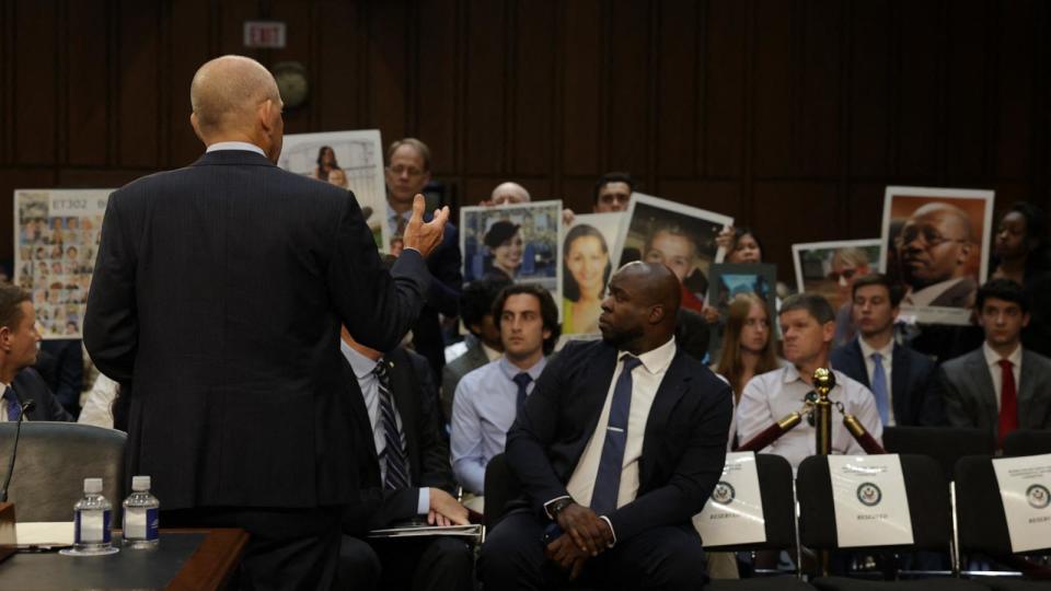 PHOTO: Boeing President and CEO Dave Calhoun addresses relatives of Boeing airplane crash victims before he testifies at a Senate Homeland Security and Governmental Affairs Committee Investigations Subcommittee hearing on Capitol Hill, June 18, 2024. (Samuel Corum/AFP via Getty Images)