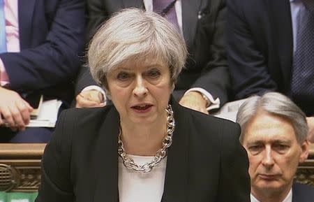 Britain's Prime Minister Theresa May speaks in Parliament the morning after an attack in Westminster, London Britain, March 23, 2017. Parliament TV/Handout via REUTERS