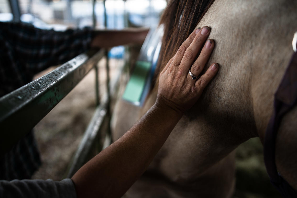 Christina Coots pets her horse, Beauty, at Ford Park in Beaumont, Texas, where horses were brought for medical care during the storm. (Photo: Joseph Rushmore for HuffPost)