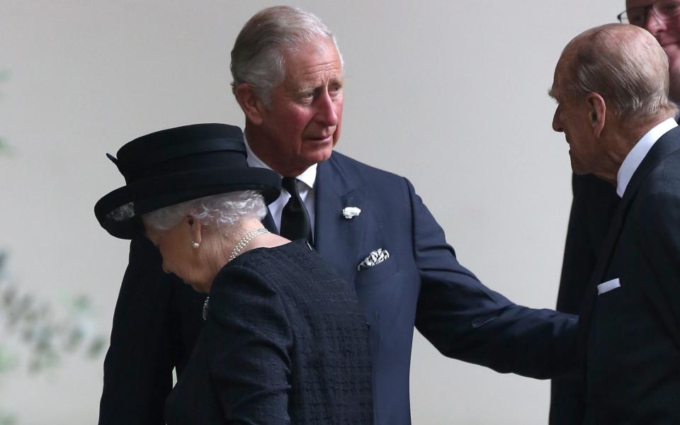 Queen Elizabeth II, Charles, Prince of Wales and Prince Philip, Duke of Edinburgh attend the funeral of The Countess Mountbatten of Burma - Credit: DMC/GC Images