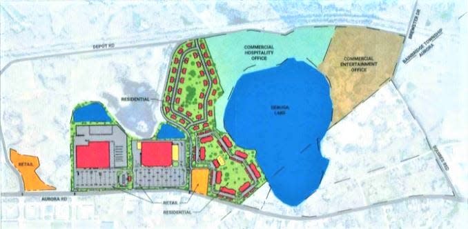 This map shows proposed redevelopment, including residential, commercial and offices, at the former Geauga Lake Park property in Bainbridge Township. Aurora Road (Route 43) is at bottom and Depot Road is at top. INDUSTRIAL COMMERCIAL PROPERTIES