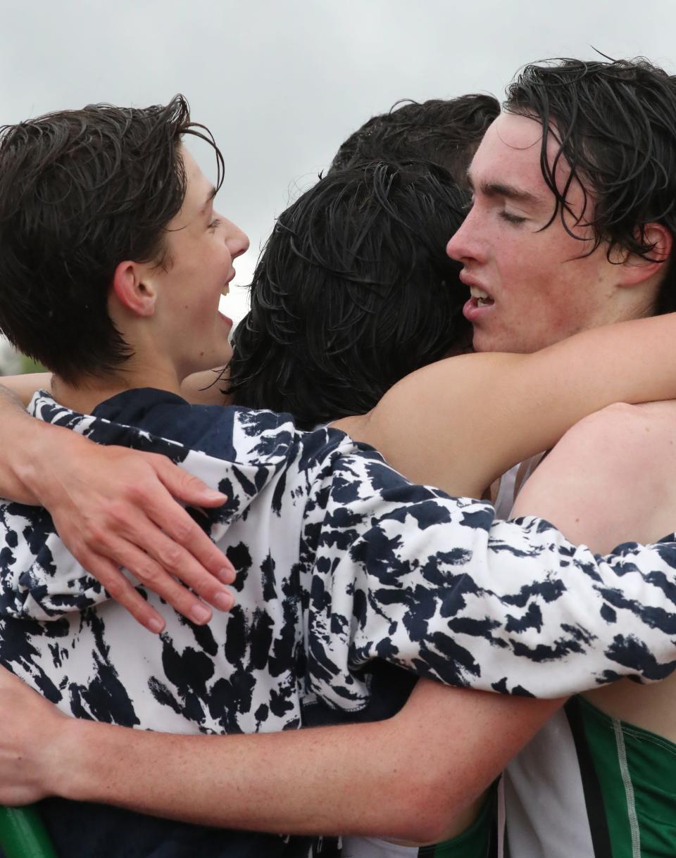 Irvington's winning 4x1600 relay team celebrates at the Somers Joe Wynne track and field invitational May 6, 2022.