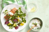 <p>This fresh, simple combo of steamed beets and broiled salmon is easy to prepare and perfect for a light dinner. </p><p><strong><a href="https://www.countryliving.com/food-drinks/recipes/a37756/salmon-and-beets-with-yogurt-sauce-over-watercress-recipe/" rel="nofollow noopener" target="_blank" data-ylk="slk:Get the recipe;elm:context_link;itc:0;sec:content-canvas" class="link ">Get the recipe</a>.</strong></p><p><strong><a class="link " href="https://www.amazon.com/TOPOKO-Vegetable-Pressure-Stainless-Expandable/dp/B016AZJGI0/?tag=syn-yahoo-20&ascsubtag=%5Bartid%7C10050.g.34063059%5Bsrc%7Cyahoo-us" rel="nofollow noopener" target="_blank" data-ylk="slk:SHOP STEAMER BASKETS;elm:context_link;itc:0;sec:content-canvas">SHOP STEAMER BASKETS</a><br></strong></p>